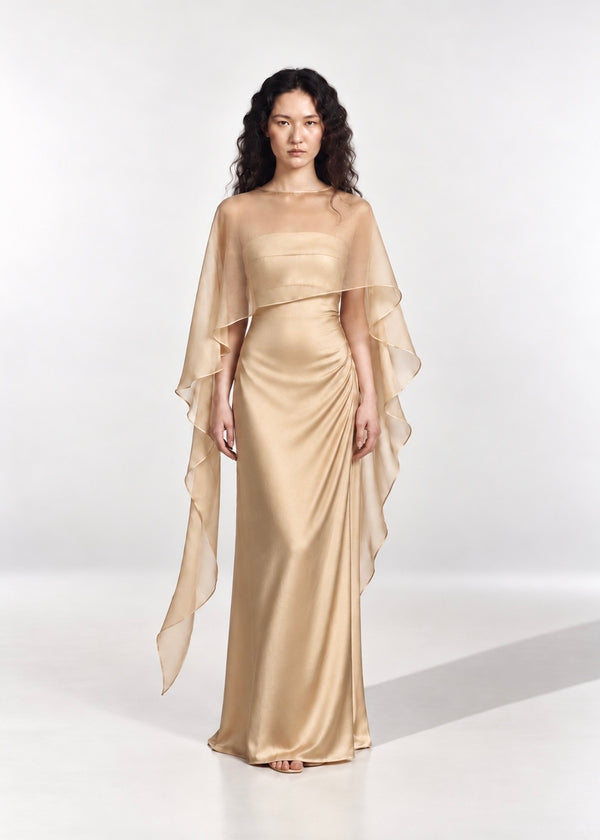 Vestido Perla Dorado Con Capa